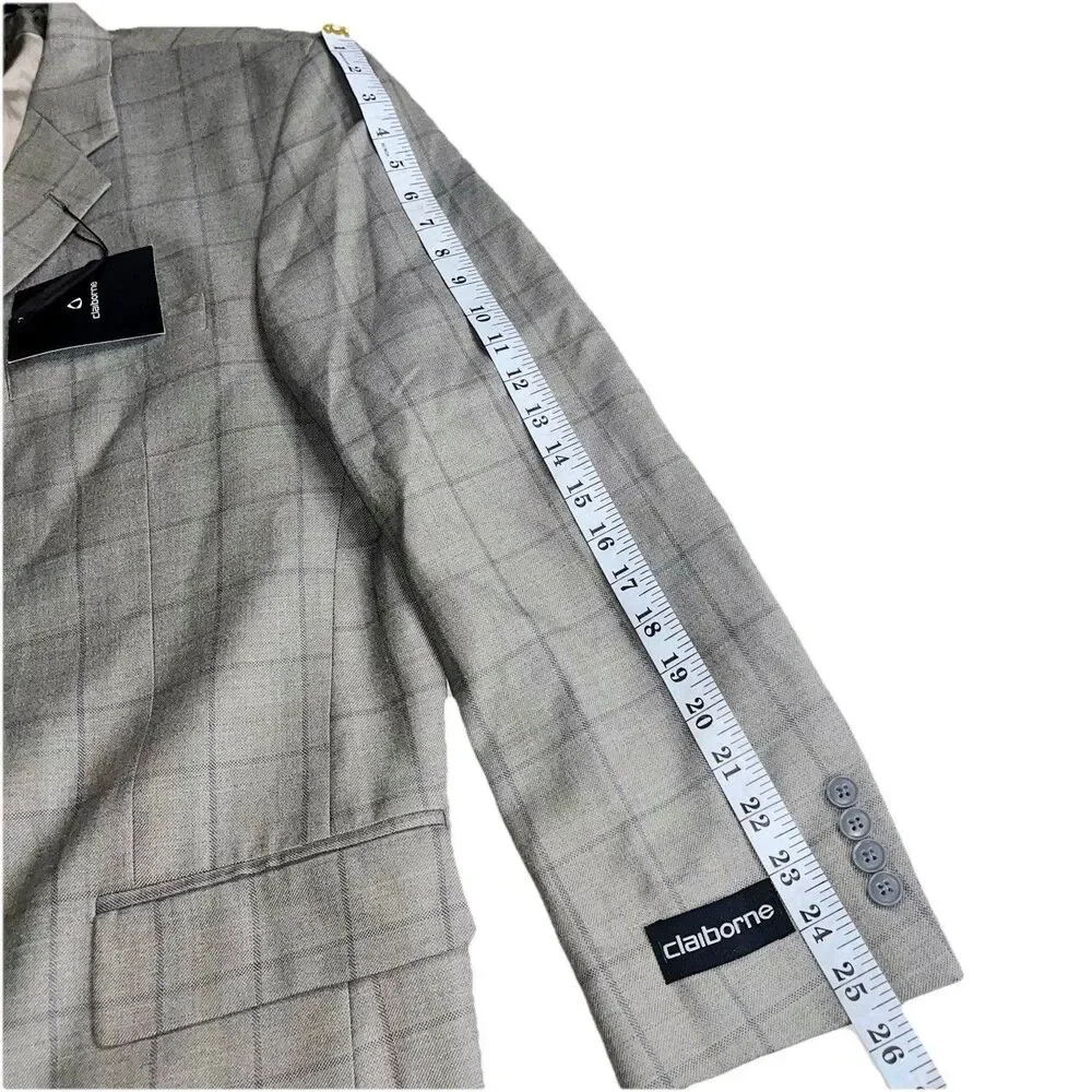 New Claiborne Men’s 46R Blazer Windowpane Silk Wool Blend Classic Sport Coat